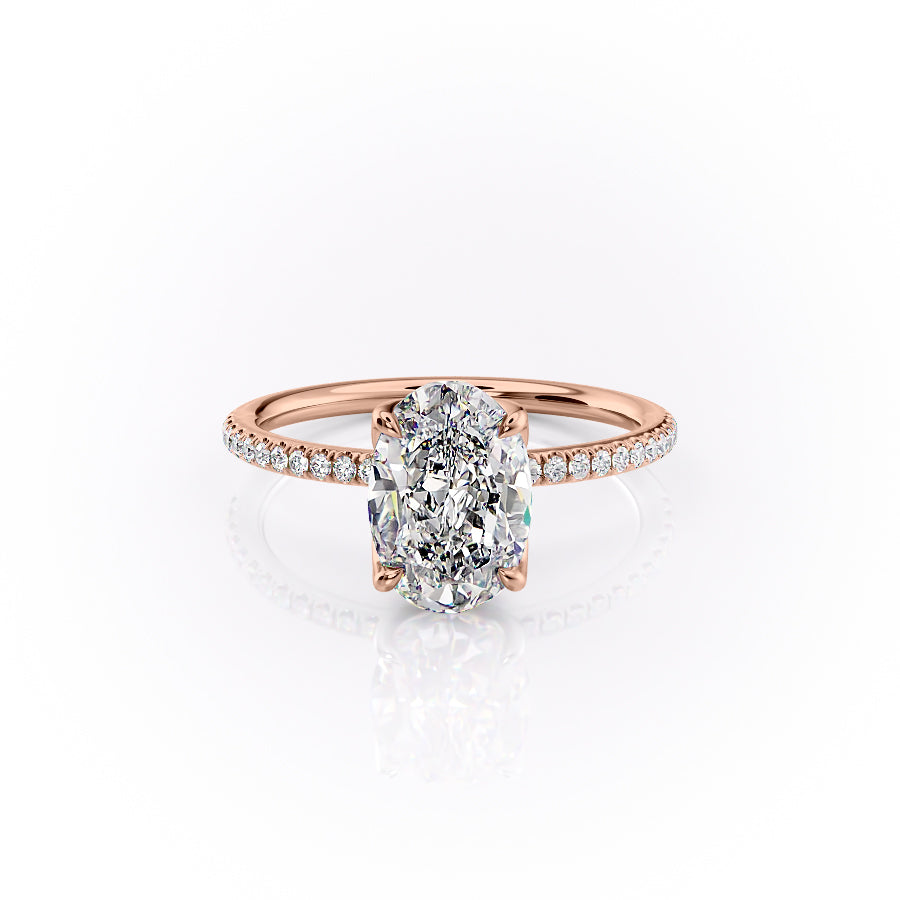 The Pave Lisa. A Rose Gold Nature Engagement Ring Set With A 2ct Oval Lab Grown Diamond. White Background.
