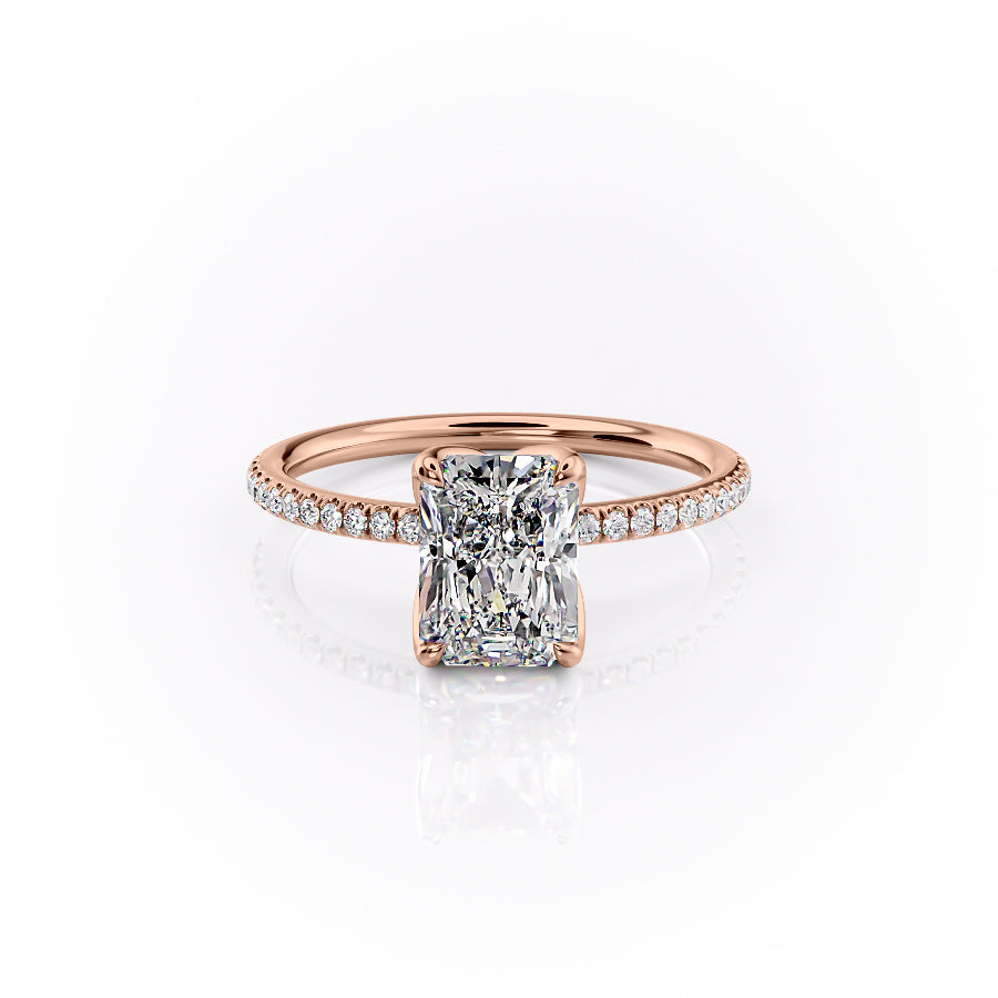 The Pave Lisa. A Rose Gold Nature Engagement Ring Set With A 2ct Radiant Lab Grown Diamond. White Background.