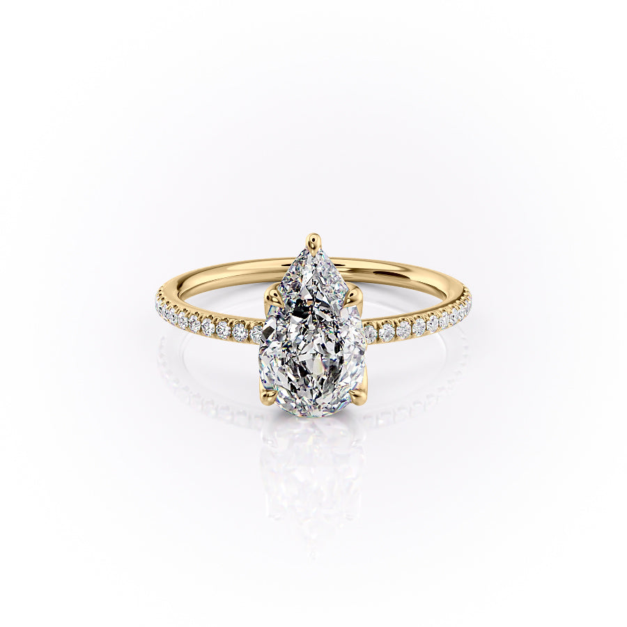 The Pave Lisa. A Yellow Gold Nature Engagement Ring Set With A 2ct Pear Lab Grown Diamond. White Background.