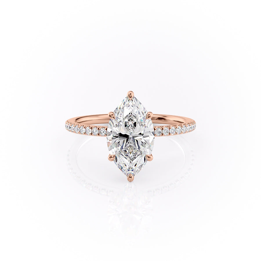 The Pave Luna. A Rose Gold Nature Engagement Ring Set With A 2ct Marquise Lab Grown Diamond. White Background.