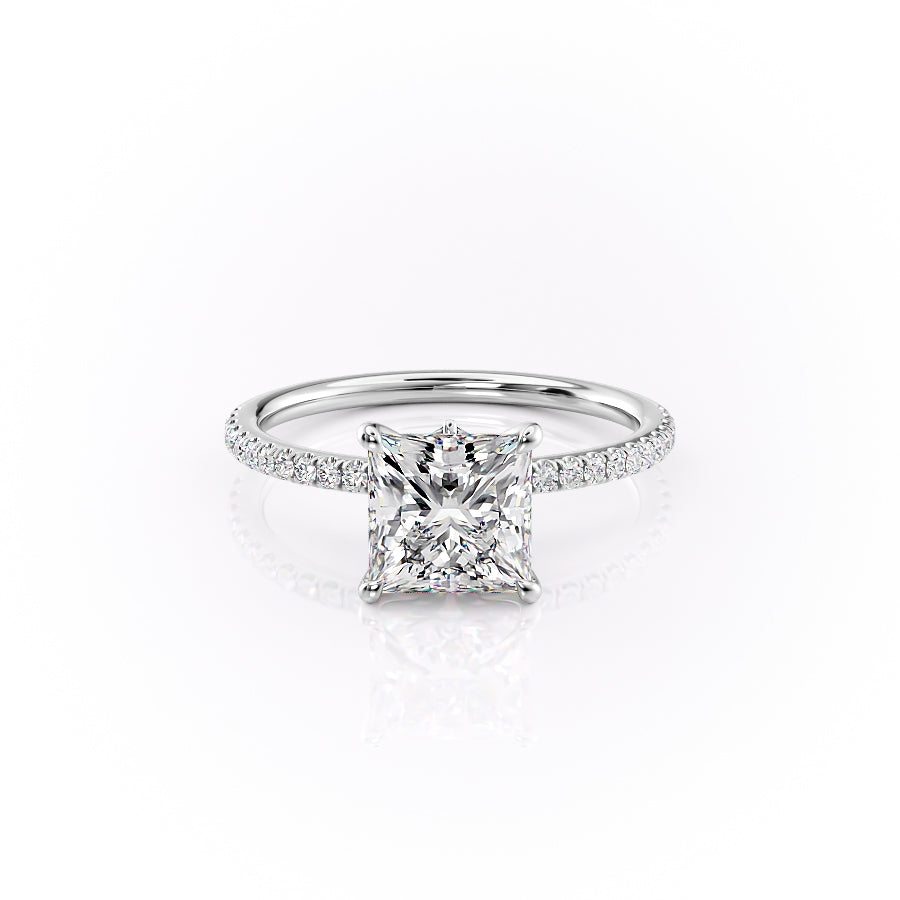 The Pave Luna. A White Gold Nature Engagement Ring Set With A 2ct Princess Lab Grown Diamond. White Background.