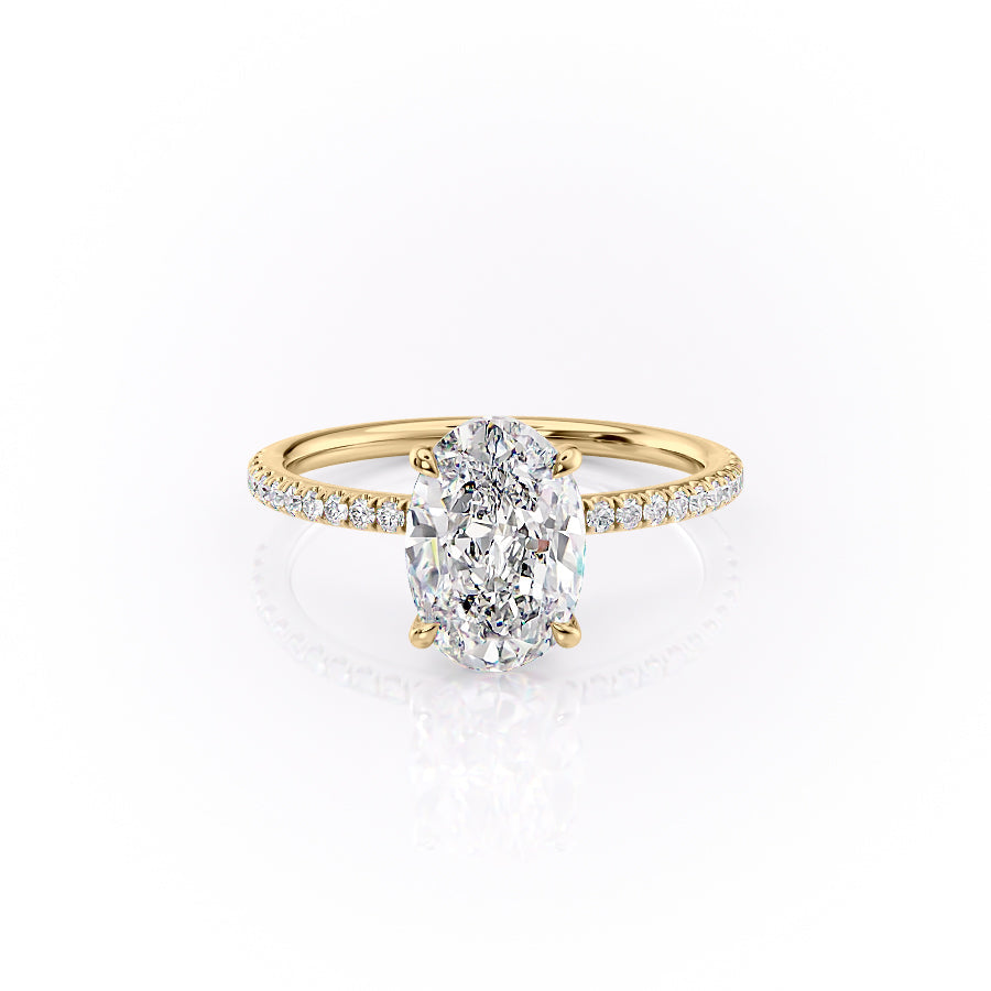 The Pave Luna. A Yellow Gold Nature Engagement Ring Set With A 2ct Oval Lab Grown Diamond. White Background.