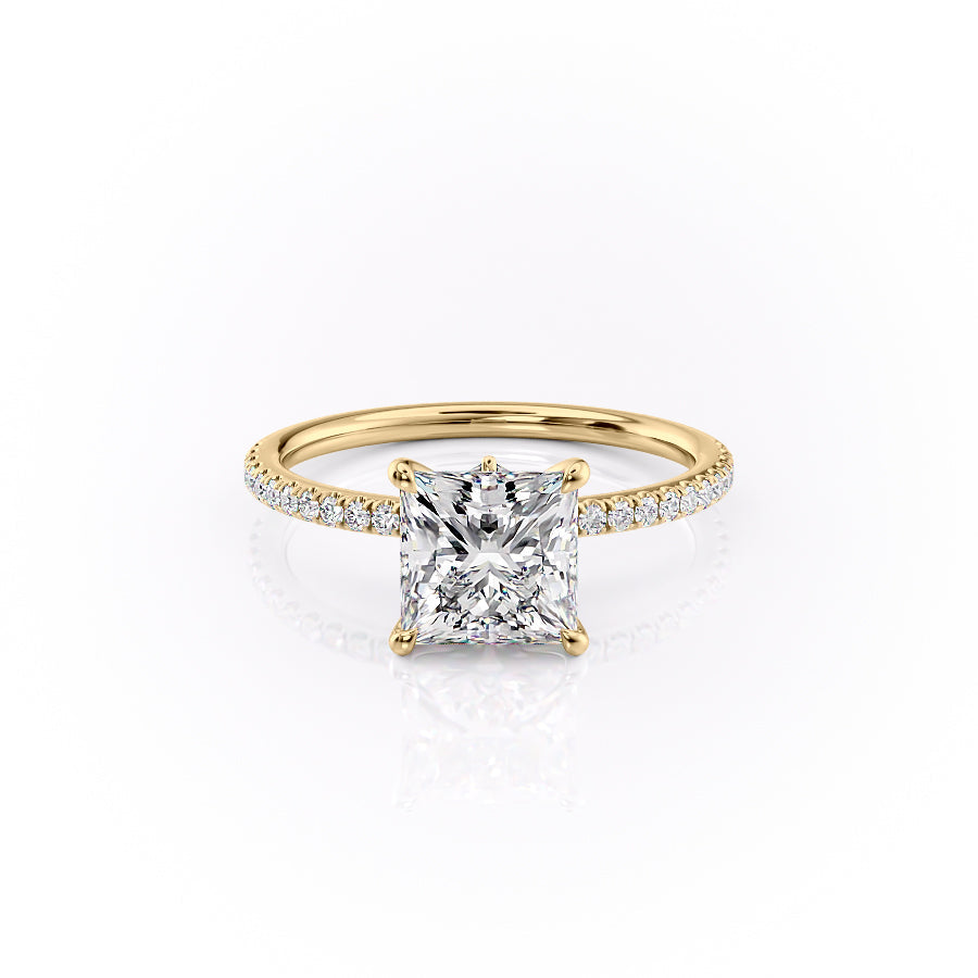 The Pave Luna. A Yellow Gold Nature Engagement Ring Set With A 2ct Princess Lab Grown Diamond. White Background.