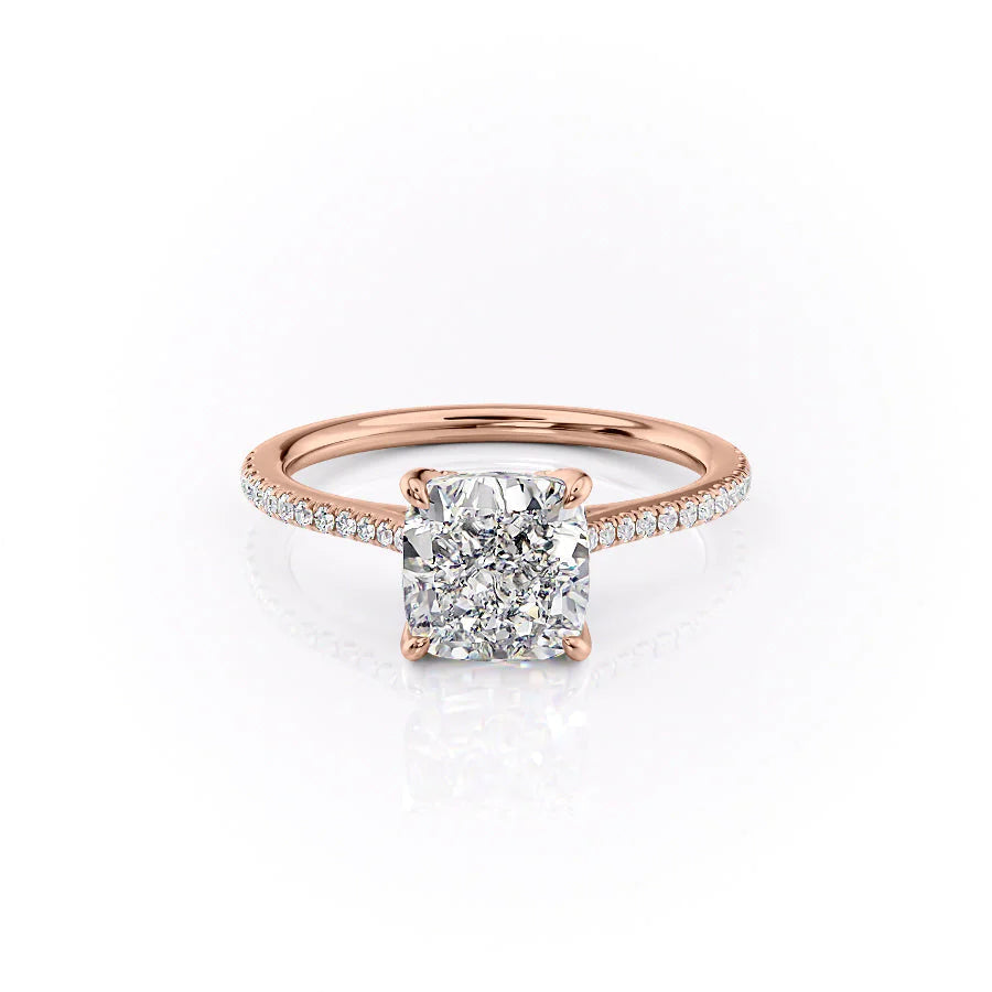 The Pave Madison. A Rose Gold Nature Engagement Ring Set With A 2ct Cushion Lab Grown Diamond. White Background.