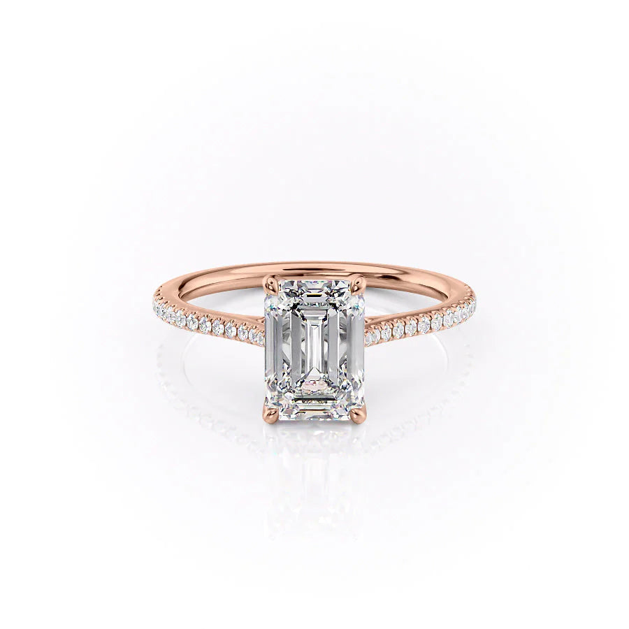 The Pave Madison. A Rose Gold Nature Engagement Ring Set With A 2ct Emerald Lab Grown Diamond. White Background.
