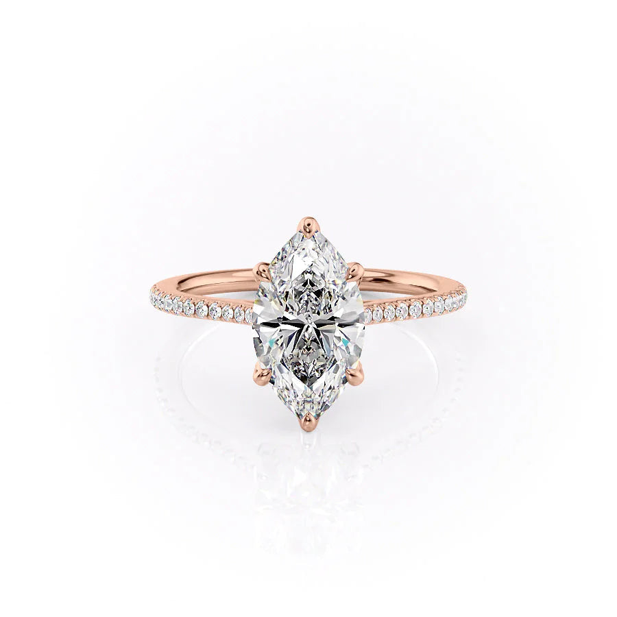 The Pave Madison. A Rose Gold Nature Engagement Ring Set With A 2ct Marquise Lab Grown Diamond. White Background.