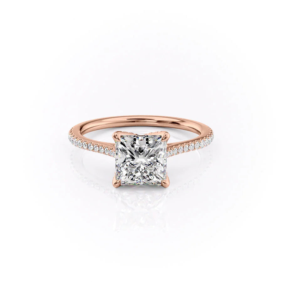 The Pave Madison. A Rose Gold Nature Engagement Ring Set With A 2ct Princess Lab Grown Diamond. White Background.