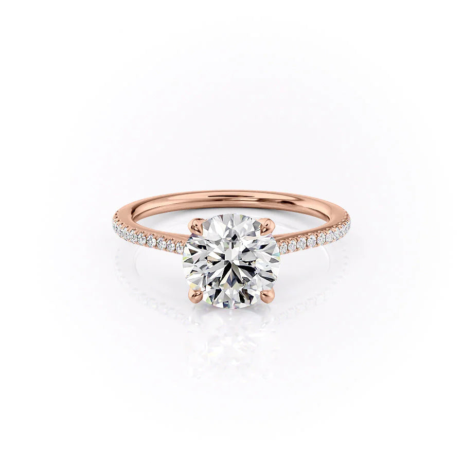 The Pave Madison. A Rose Gold Nature Engagement Ring Set With A 2ct Round Lab Grown Diamond. White Background.