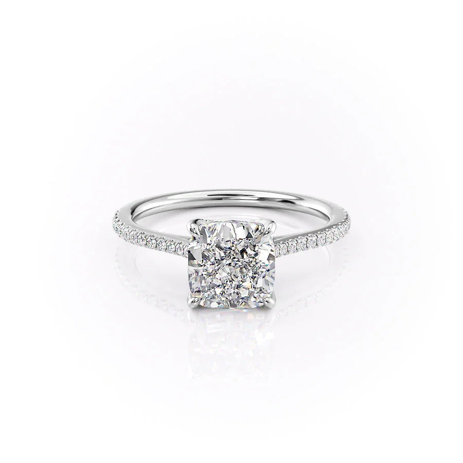 The Pave Madison. A White Gold Nature Engagement Ring Set With A 2ct Cushion Lab Grown Diamond. White Background.