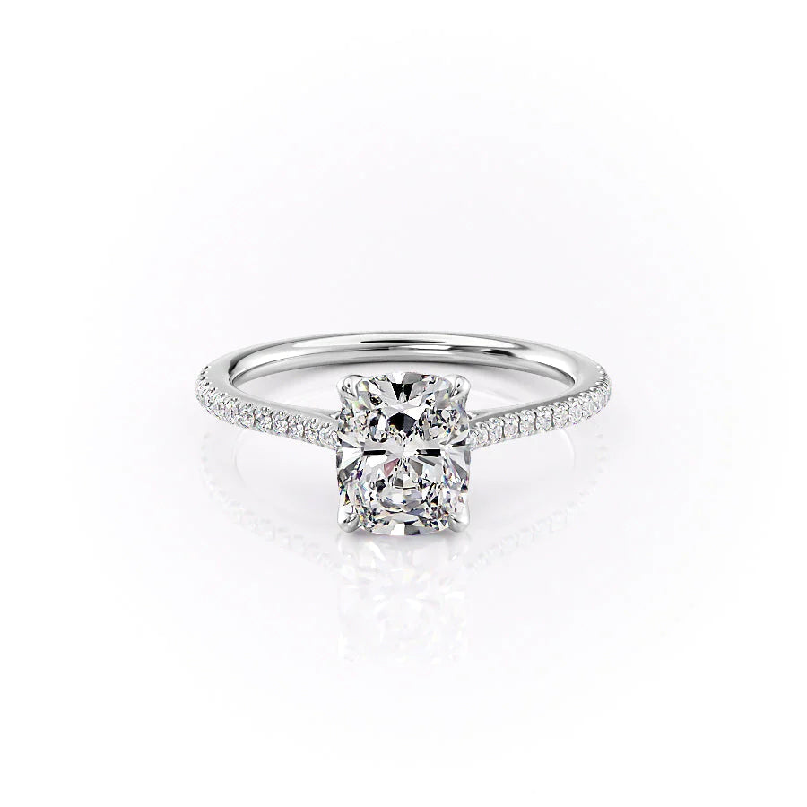 The Pave Madison. A White Gold Nature Engagement Ring Set With A 2ct Elongated Cushion Lab Grown Diamond. White Background.