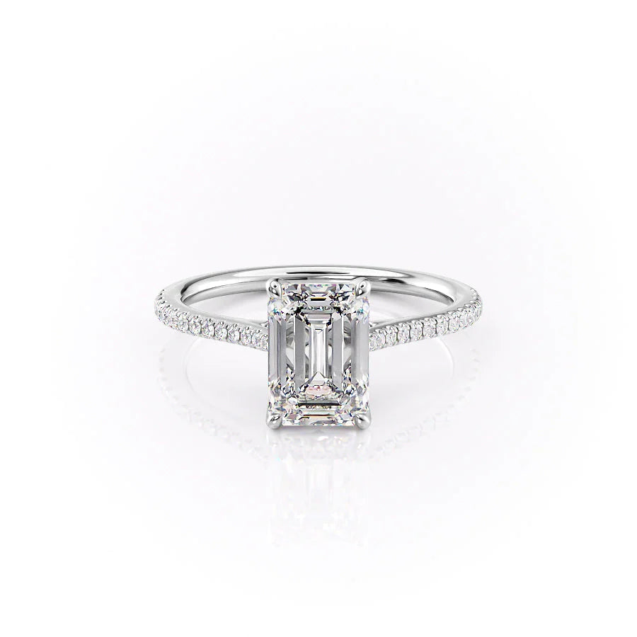 The Pave Madison. A White Gold Nature Engagement Ring Set With A 2ct Emerald Lab Grown Diamond. White Background.