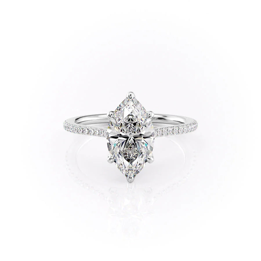 The Pave Madison. A White Gold Nature Engagement Ring Set With A 2ct Marquise Lab Grown Diamond. White Background.