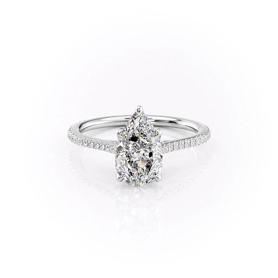 The Pave Madison. A White Gold Nature Engagement Ring Set With A 2ct Pear Lab Grown Diamond. White Background.