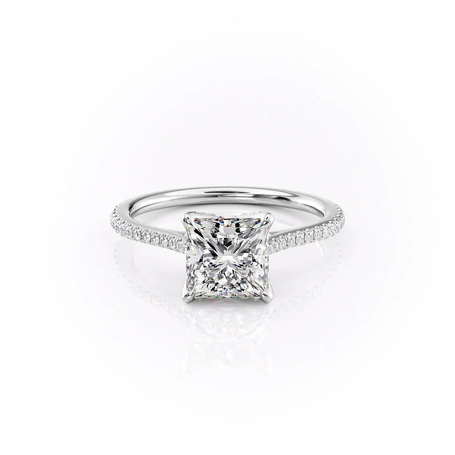 The Pave Madison. A White Gold Nature Engagement Ring Set With A 2ct Princess Lab Grown Diamond. White Background.
