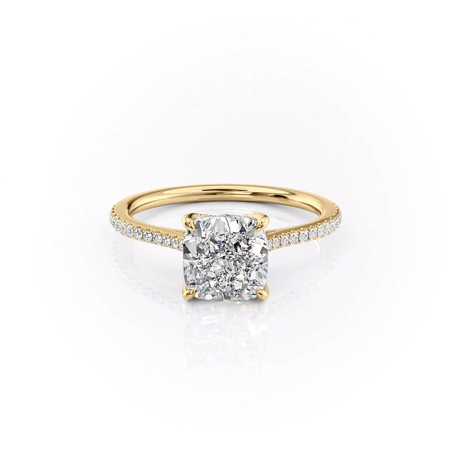 The Pave Madison. A Yellow Gold Nature Engagement Ring Set With A 2ct Cushion Lab Grown Diamond. White Background.
