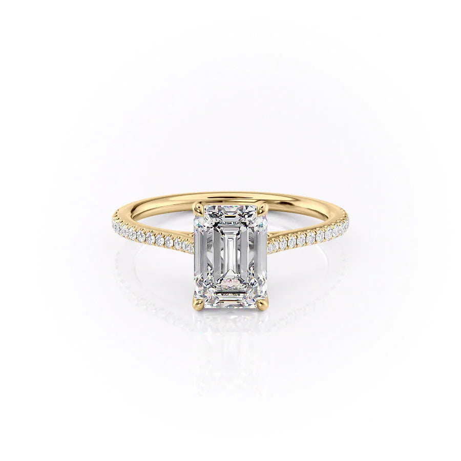 The Pave Madison. A Yellow Gold Nature Engagement Ring Set With A 2ct Emerald Lab Grown Diamond. White Background.