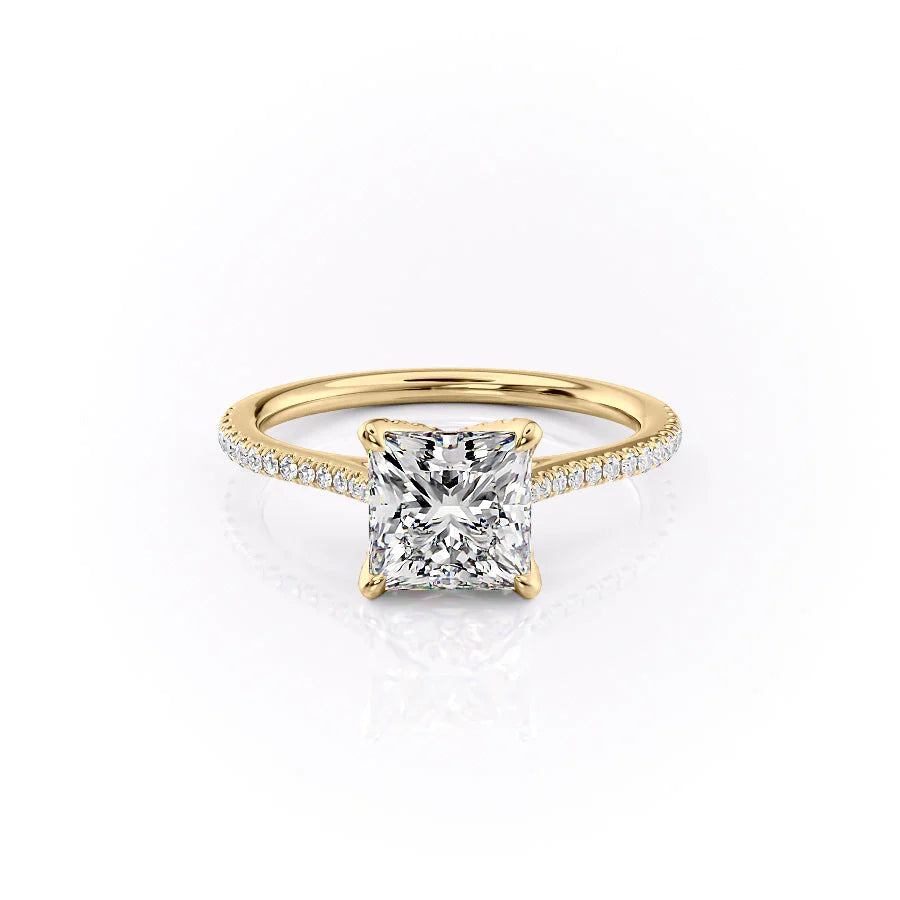 The Pave Madison. A Yellow Gold Nature Engagement Ring Set With A 2ct Princess Lab Grown Diamond. White Background.