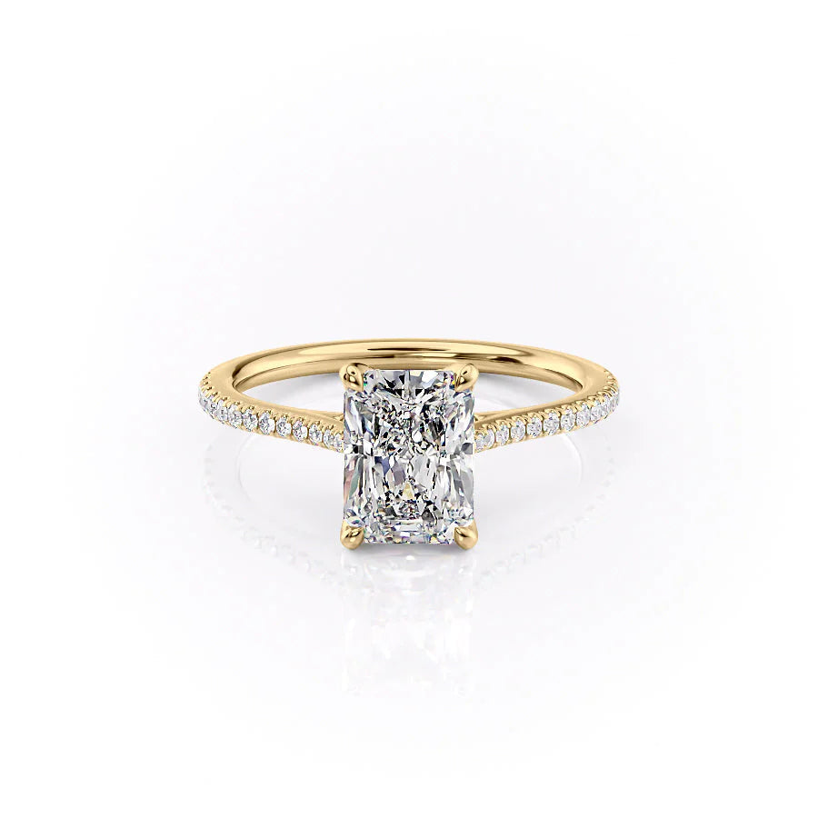 The Pave Madison. A Yellow Gold Nature Engagement Ring Set With A 2ct Radiant Lab Grown Diamond. White Background.