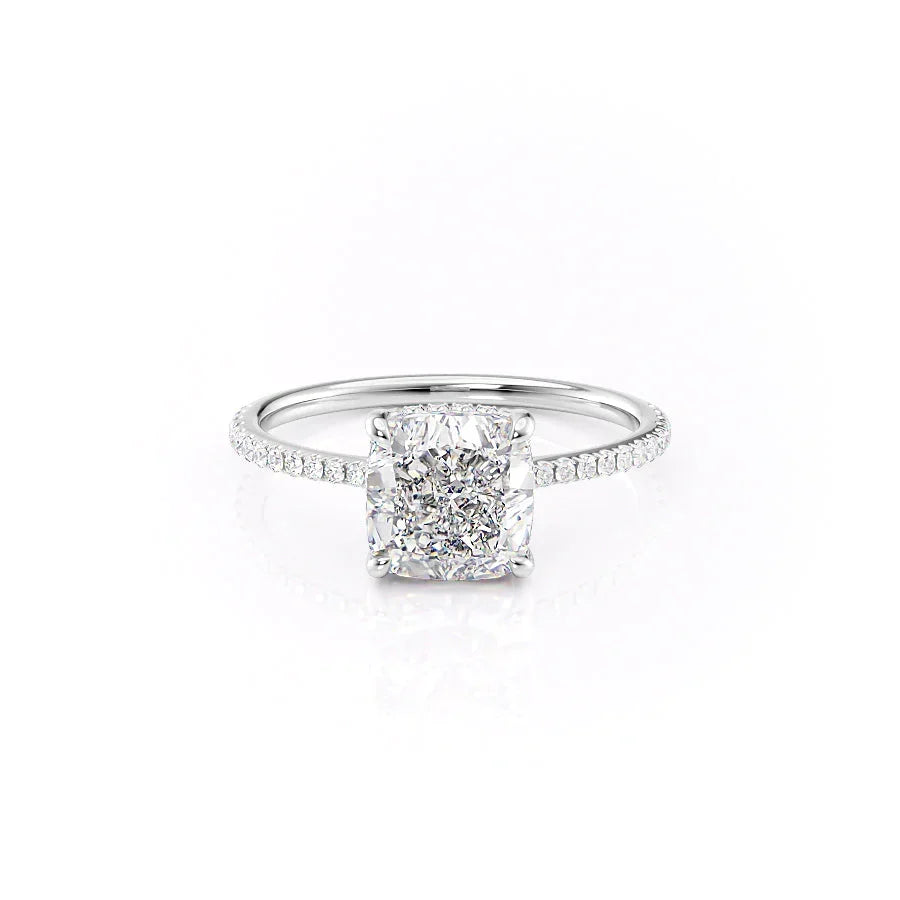 The Pave Maia. A White Gold Hidden Halo Engagement Ring Set With A 2ct Cushion Lab Grown Diamond. White Background.