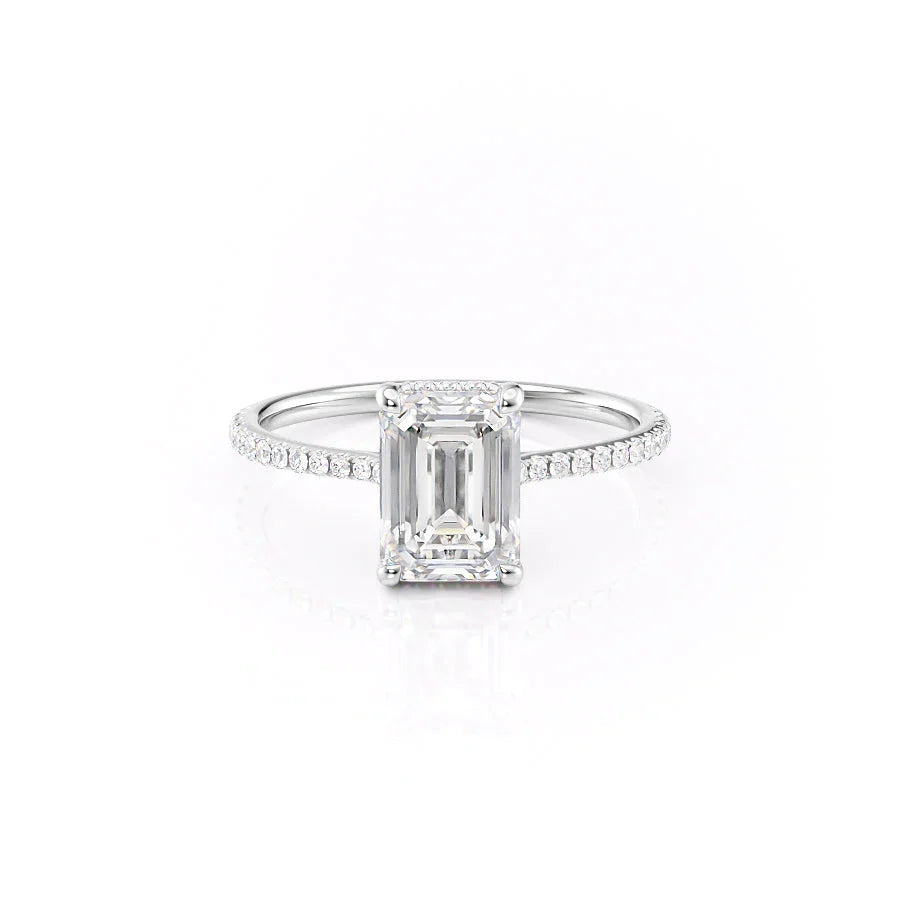 The Pave Maia. A White Gold Hidden Halo Engagement Ring Set With A 2ct Emerald Lab Grown Diamond. White Background.