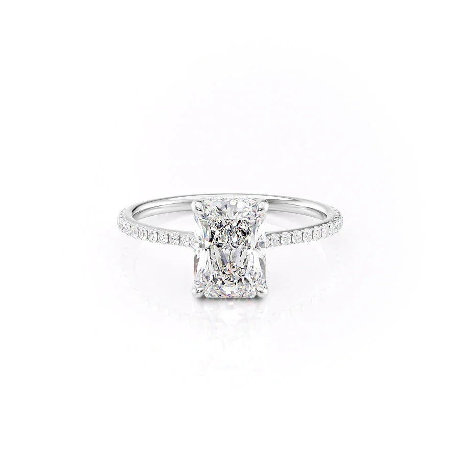 The Pave Maia. A White Gold Hidden Halo Engagement Ring Set With A 2ct Radiant Lab Grown Diamond. White Background.
