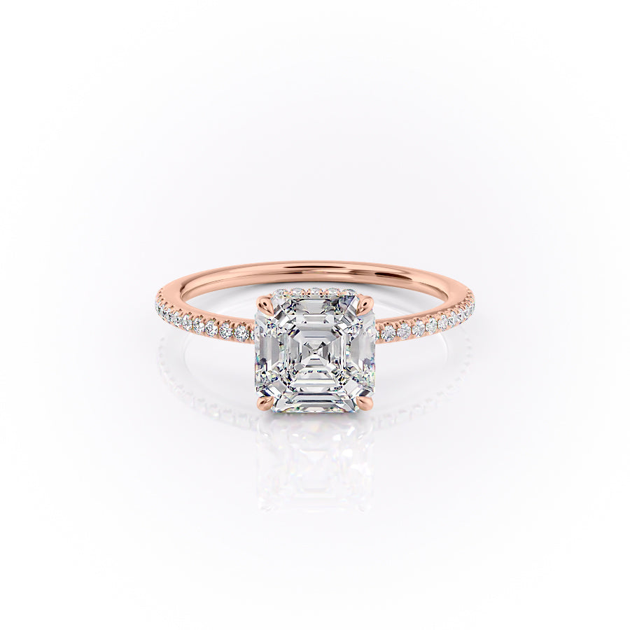 The Pave Margot. A Rose Gold Hidden Halo Engagement Ring Set With A 2ct Asscher Lab Grown Diamond. White Background.