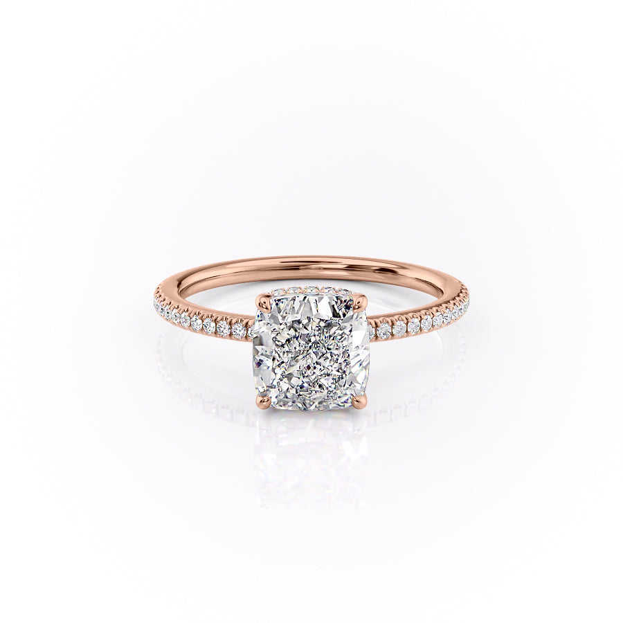 The Pave Margot. A Rose Gold Hidden Halo Engagement Ring Set With A 2ct Cushion Lab Grown Diamond. White Background.