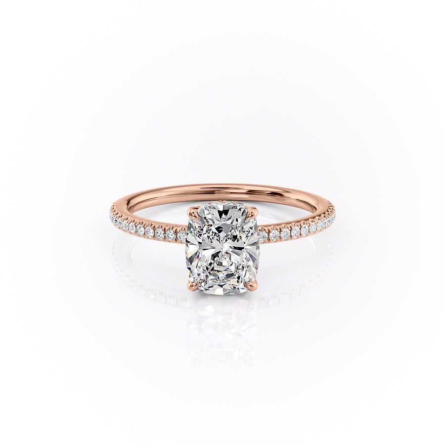 The Pave Margot. A Rose Gold Hidden Halo Engagement Ring Set With A 2ct Elongated Cushion Lab Grown Diamond. White Background.