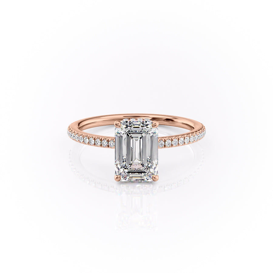 The Pave Margot. A Rose Gold Hidden Halo Engagement Ring Set With A 2ct Emerald Lab Grown Diamond. White Background.