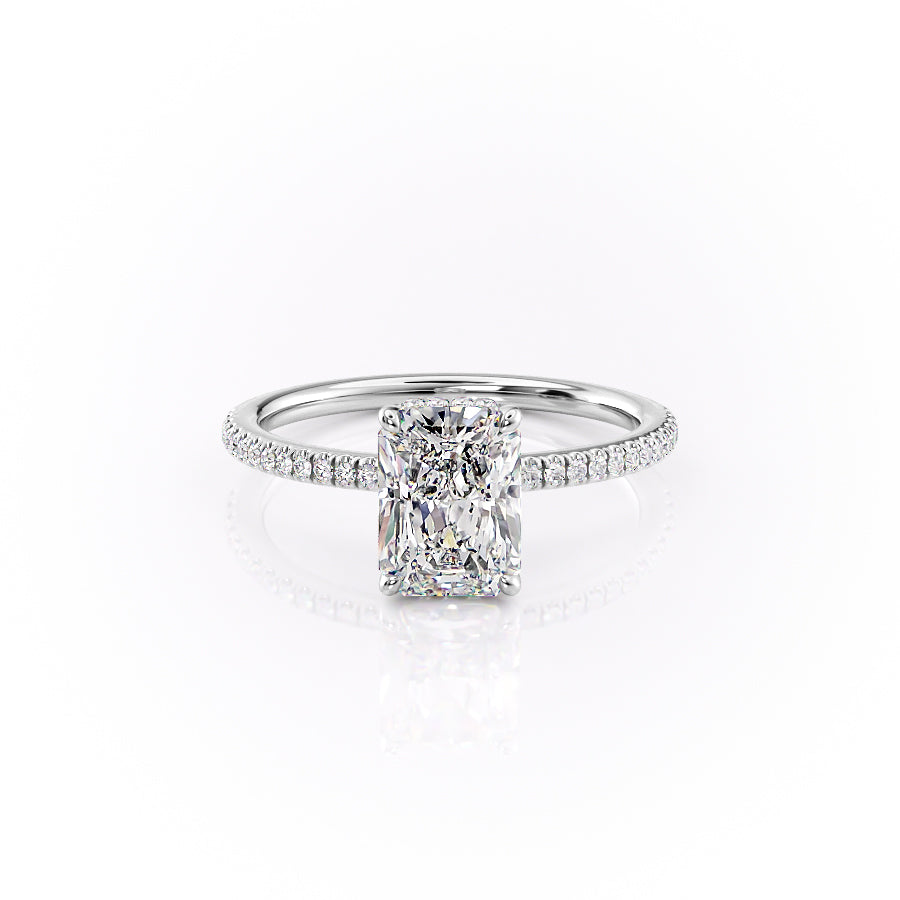 The Pave Margot. A White Gold Hidden Halo Engagement Ring Set With A 2ct Radiant Lab Grown Diamond. White Background.