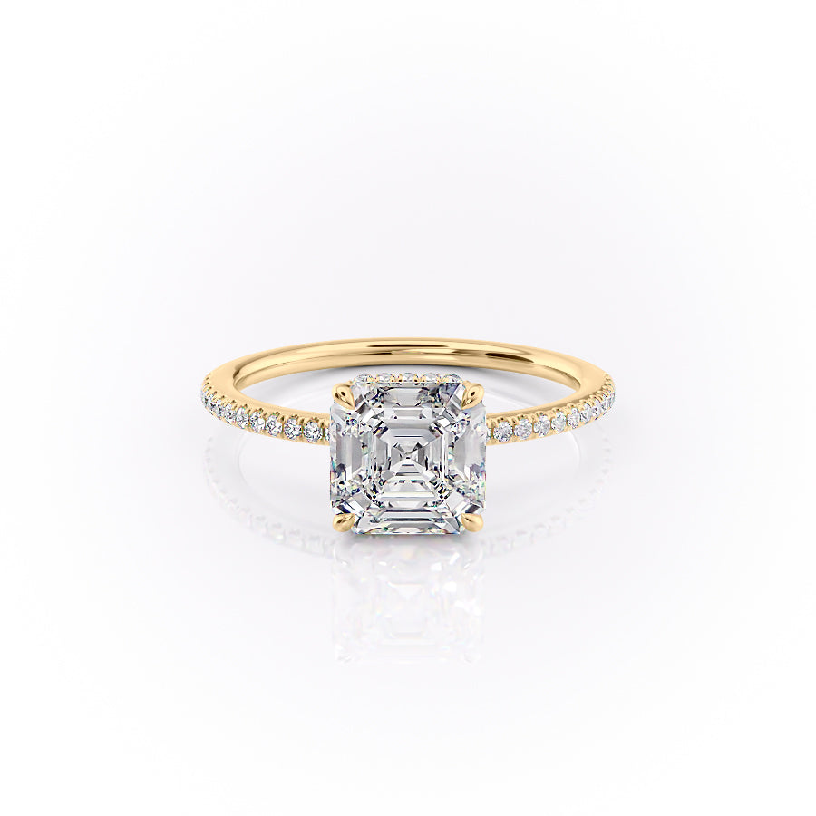 The Pave Margot. A Yellow Gold Hidden Halo Engagement Ring Set With A 2ct Asscher Lab Grown Diamond. White Background.