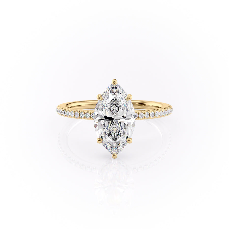 The Pave Margot. A Yellow Gold Hidden Halo Engagement Ring Set With A 2ct Marquise Lab Grown Diamond. White Background.