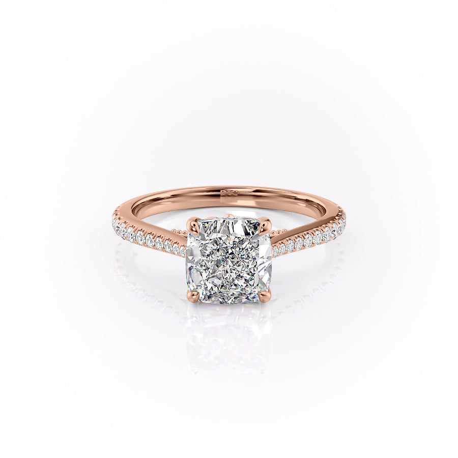 The Pave Miranda. A Rose Gold Vintage Engagement Ring Set With A 2ct Cushion Lab Grown Diamond. White Background.
