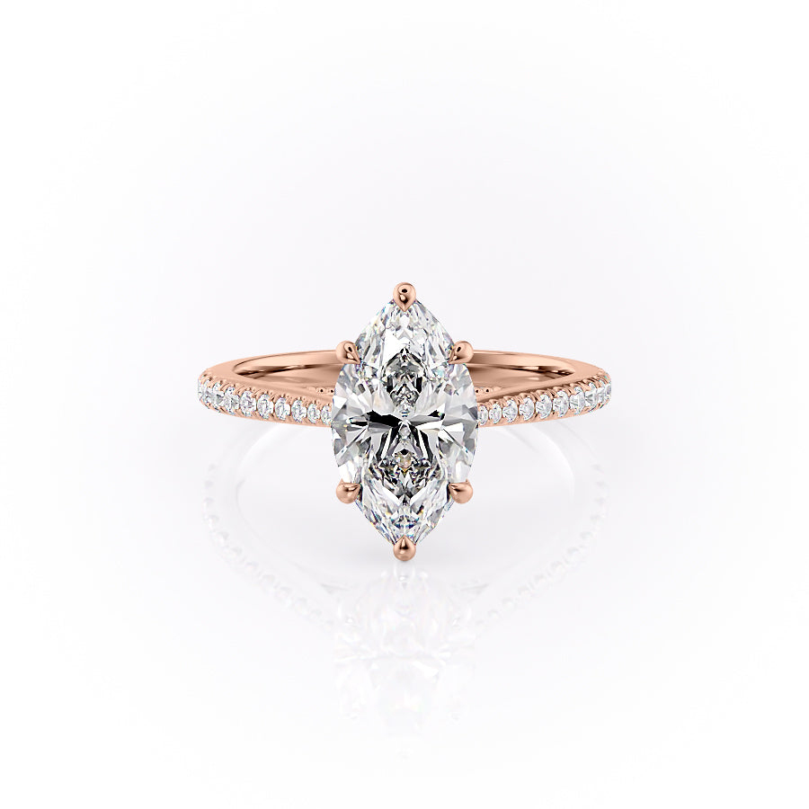 The Pave Miranda. A Rose Gold Vintage Engagement Ring Set With A 2ct Marquise Lab Grown Diamond. White Background.