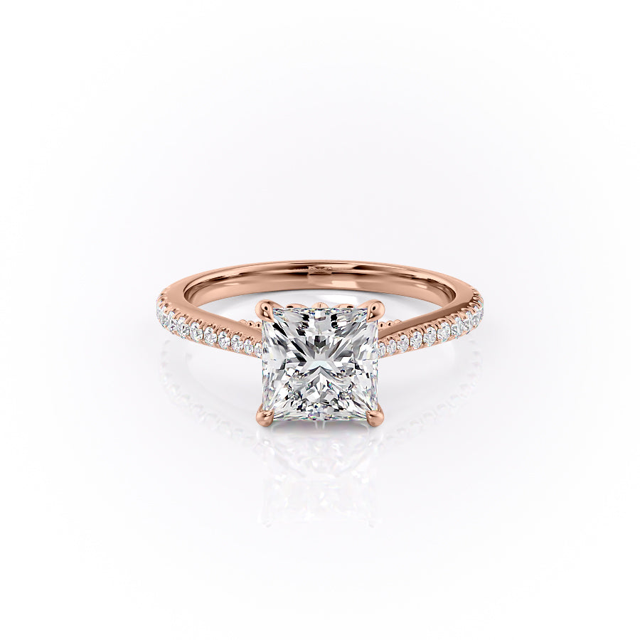 The Pave Miranda. A Rose Gold Vintage Engagement Ring Set With A 2ct Princess Lab Grown Diamond. White Background.