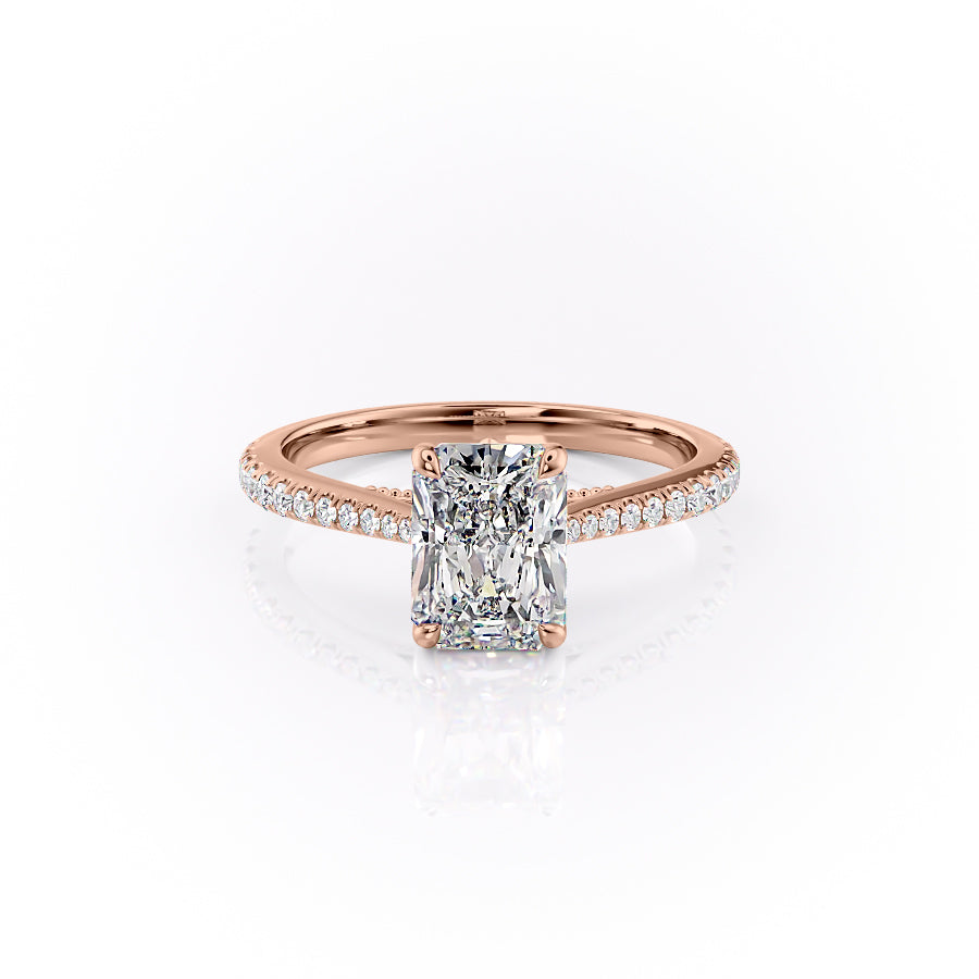 The Pave Miranda. A Rose Gold Vintage Engagement Ring Set With A 2ct Radiant Lab Grown Diamond. White Background.