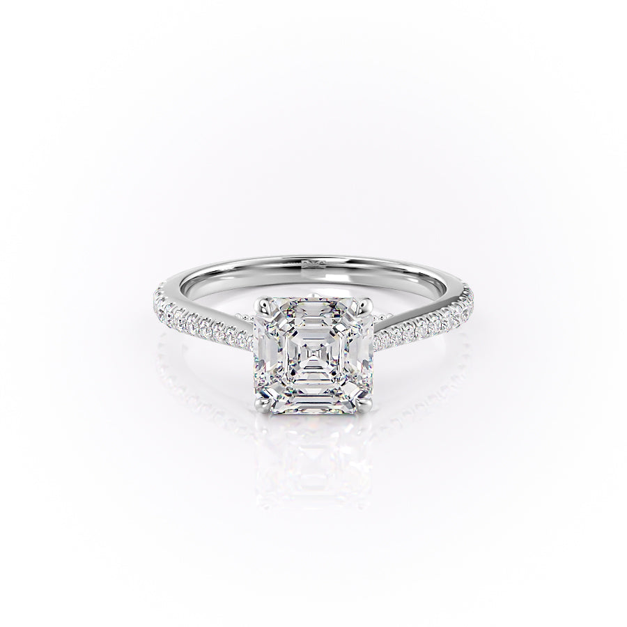 The Pave Miranda. A White Gold Vintage Engagement Ring Set With A 2ct Asscher Lab Grown Diamond. White Background.