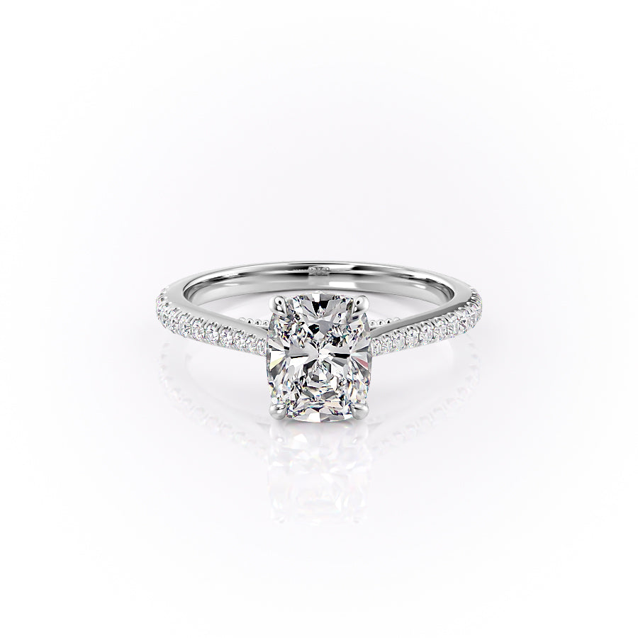The Pave Miranda. A White Gold Vintage Engagement Ring Set With A 2ct Elongated Cushion Lab Grown Diamond. White Background.