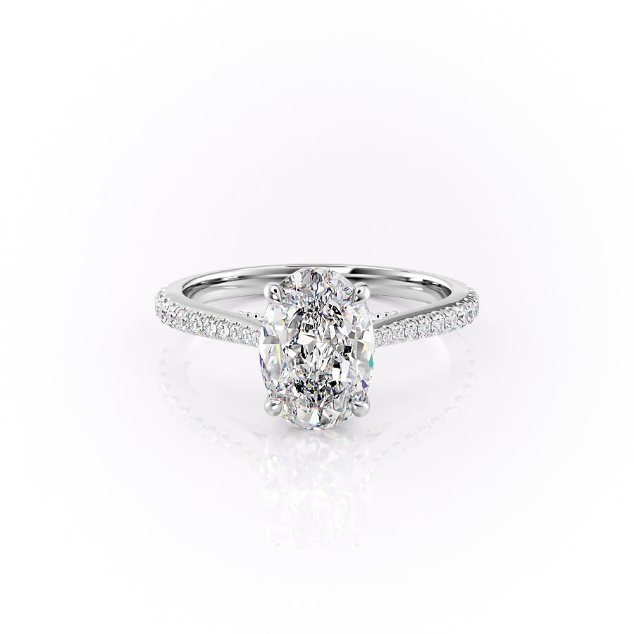 The Pave Miranda. A White Gold Vintage Engagement Ring Set With A 2ct Oval Lab Grown Diamond. White Background.