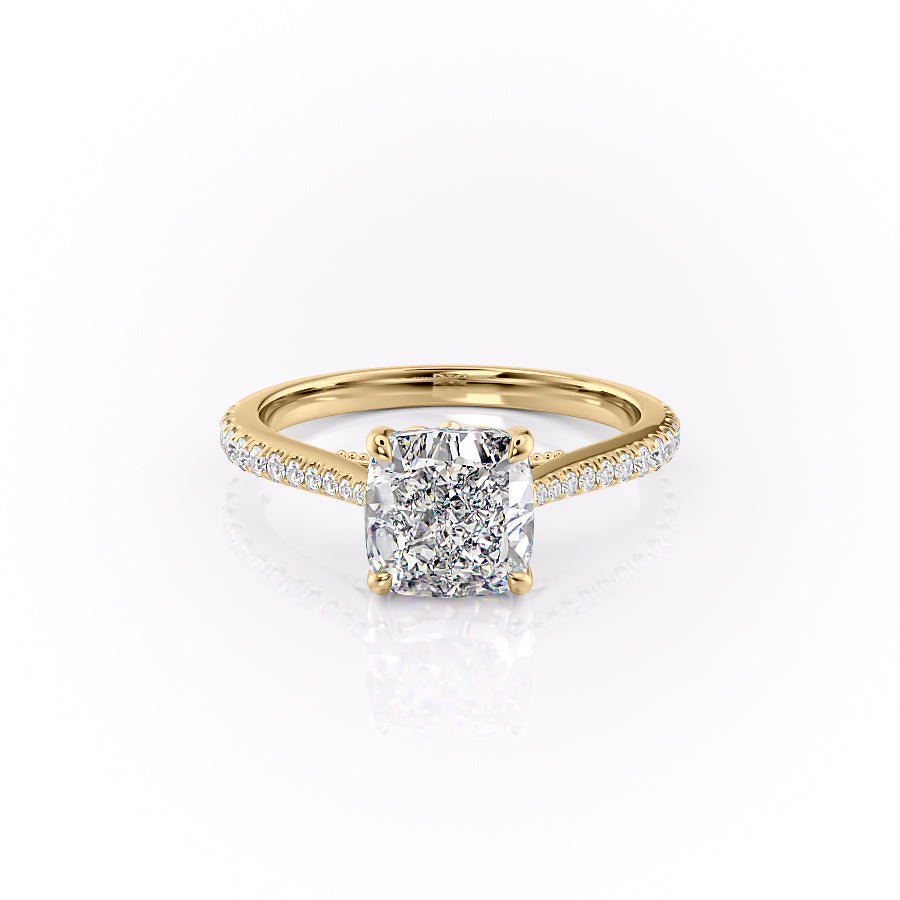 The Pave Miranda. A Yellow Gold Vintage Engagement Ring Set With A 2ct Cushion Lab Grown Diamond. White Background.