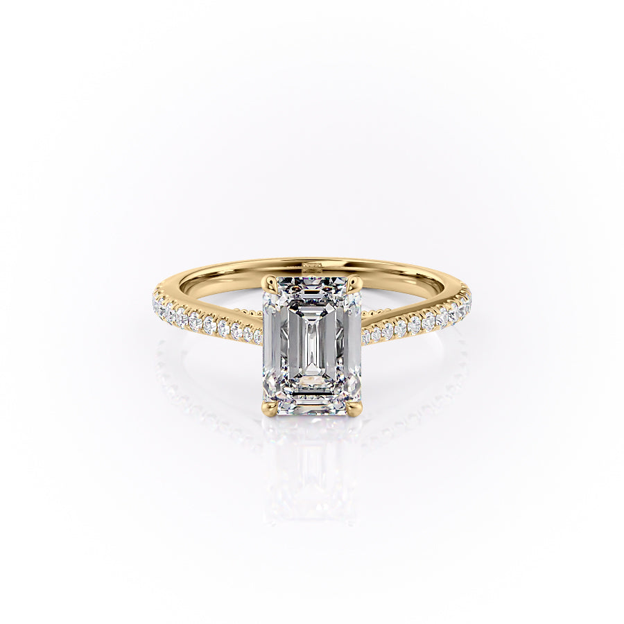 The Pave Miranda. A Yellow Gold Vintage Engagement Ring Set With A 2ct Emerald Lab Grown Diamond. White Background.