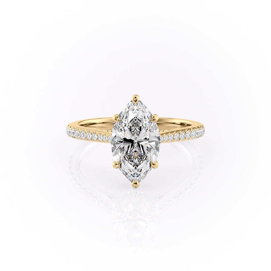 The Pave Miranda. A Yellow Gold Vintage Engagement Ring Set With A 2ct Marquise Lab Grown Diamond. White Background.