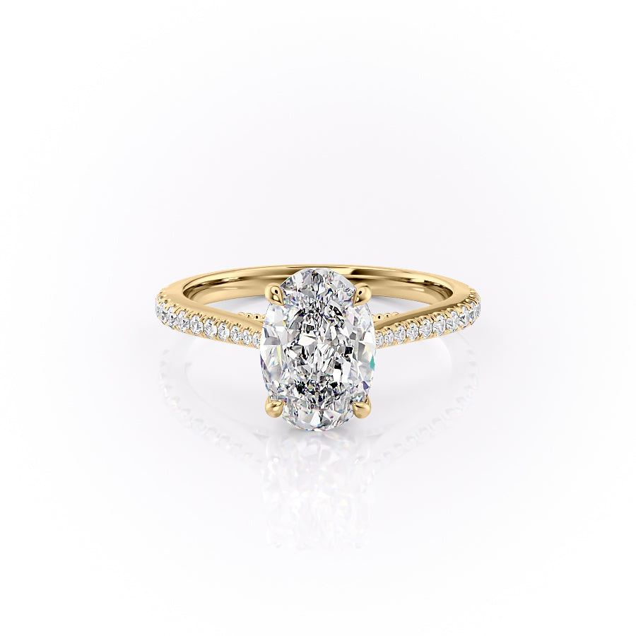 The Pave Miranda. A Yellow Gold Vintage Engagement Ring Set With A 2ct Pear Lab Grown Diamond. White Background.