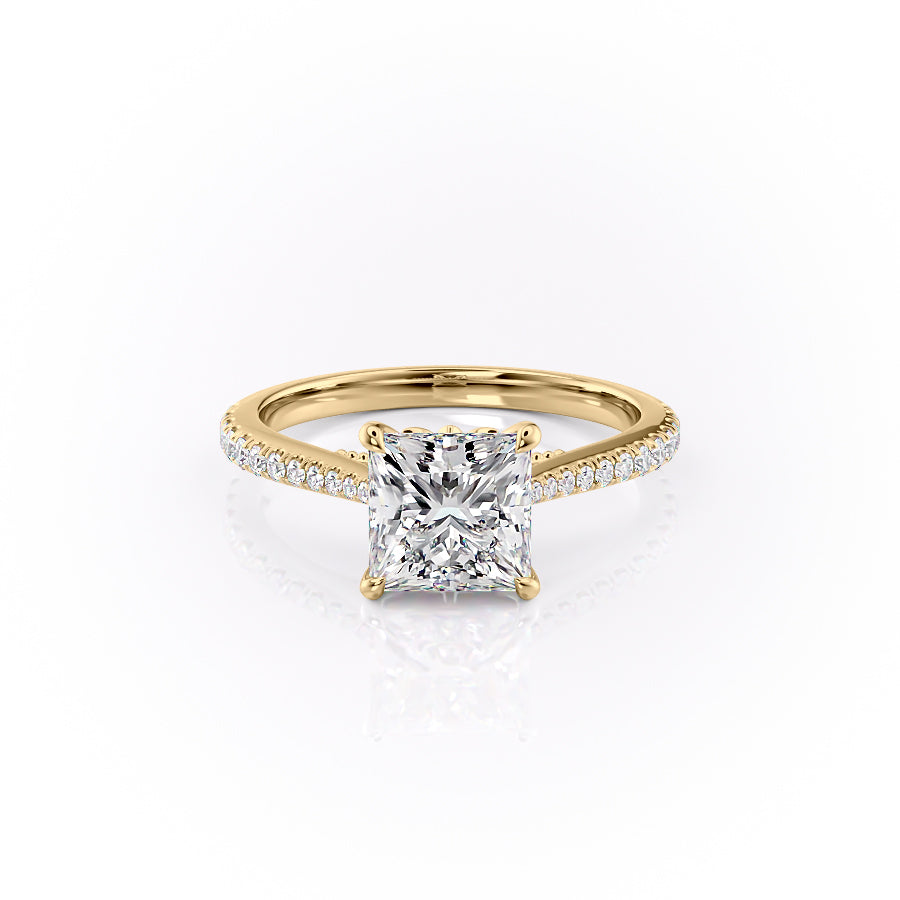 The Pave Miranda. A Yellow Gold Vintage Engagement Ring Set With A 2ct Princess Lab Grown Diamond. White Background.