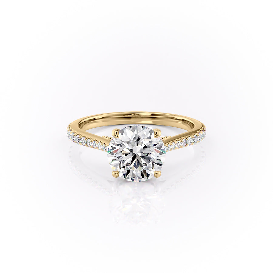 The Pave Miranda. A Yellow Gold Vintage Engagement Ring Set With A 2ct Round Lab Grown Diamond. White Background.