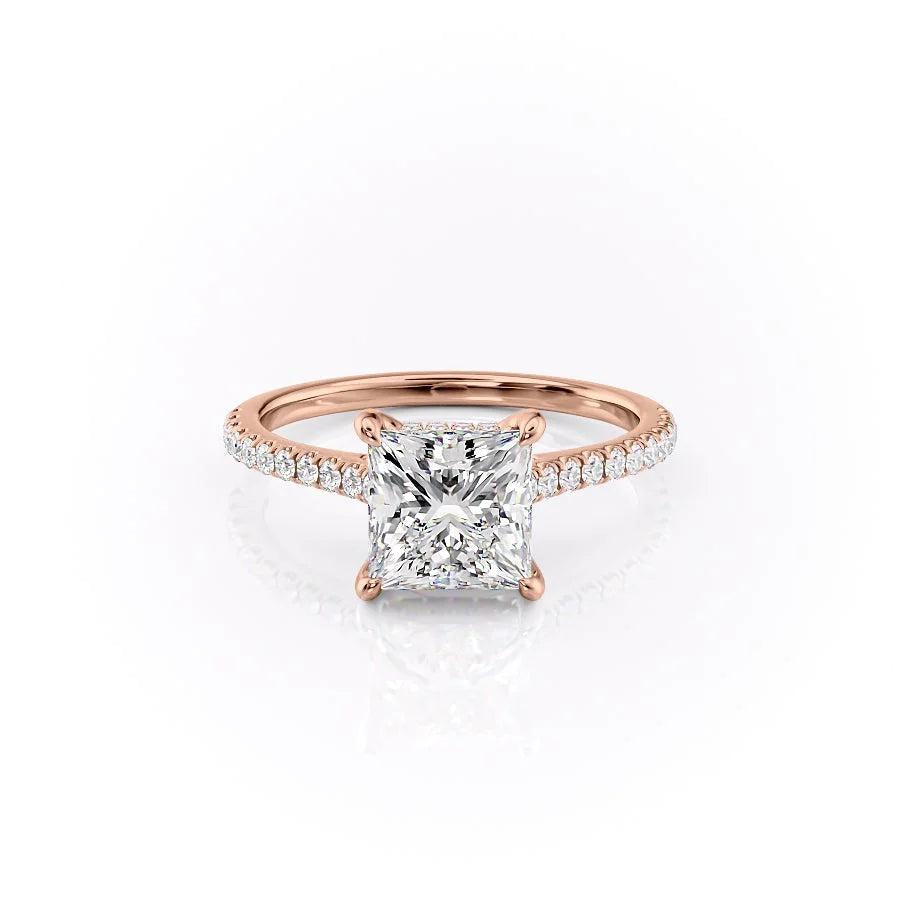 The Pave Natalie. A Rose Gold Hidden Halo Engagement Ring Set With A 2ct Princess Lab Grown Diamond. White Background.