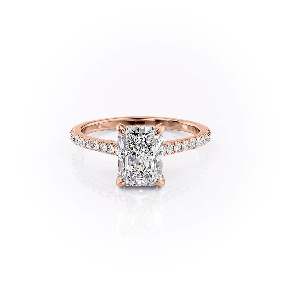 The Pave Natalie. A Rose Gold Hidden Halo Engagement Ring Set With A 2ct Radiant Lab Grown Diamond. White Background.