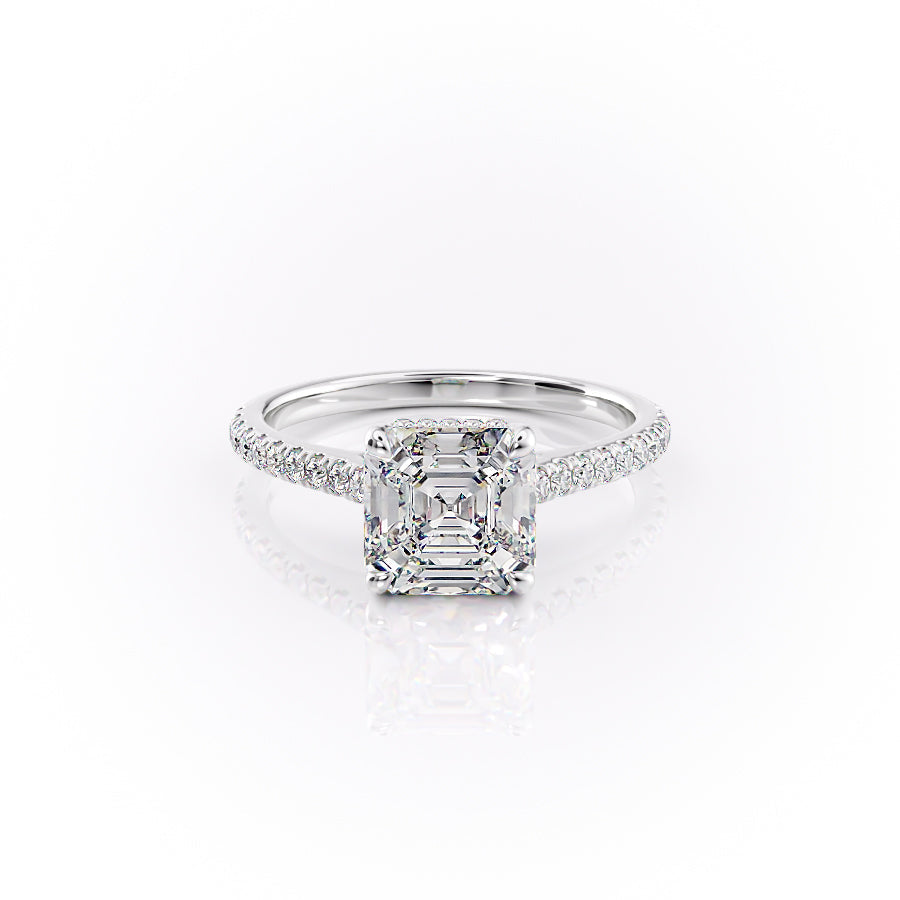 The Pave Natalie. A White Gold Hidden Halo Engagement Ring Set With A 2ct Asscher Lab Grown Diamond. White Background.