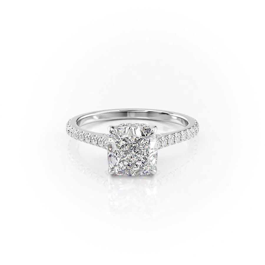 The Pave Natalie. A White Gold Hidden Halo Engagement Ring Set With A 2ct Cushion Lab Grown Diamond. White Background.