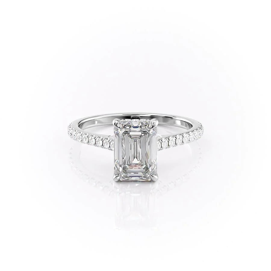 The Pave Natalie. A White Gold Hidden Halo Engagement Ring Set With A 2ct Emerald Lab Grown Diamond. White Background.